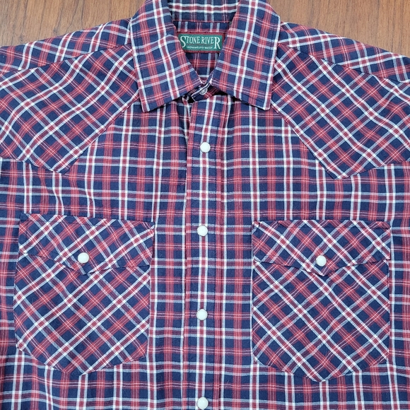 Stone River Pearl Snap Western Short Sleeve Shirt Blue Red Plaid Medium - Picture 2 of 5